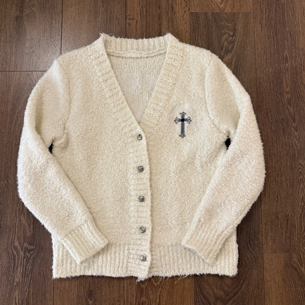 Stylish Fuzzy Cream Cardigan with Cross Embroidery